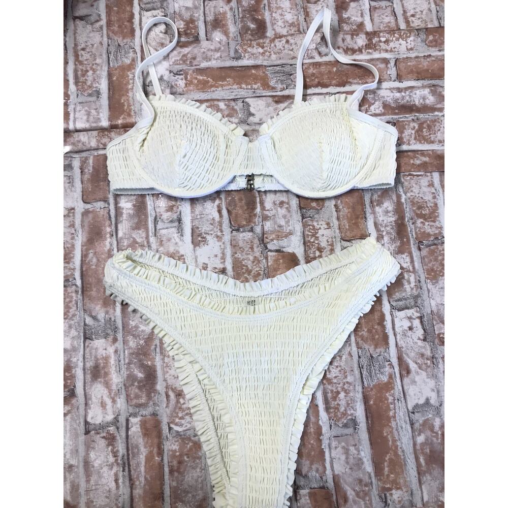 Triangle Bikini Smocked Textured Ruched Elastic Swimsuit Two Piece Beige Small
